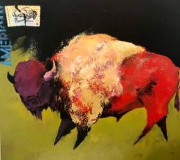 Red Buffalo by Oklahoma Artist Bert Seabourn (1931-2022)